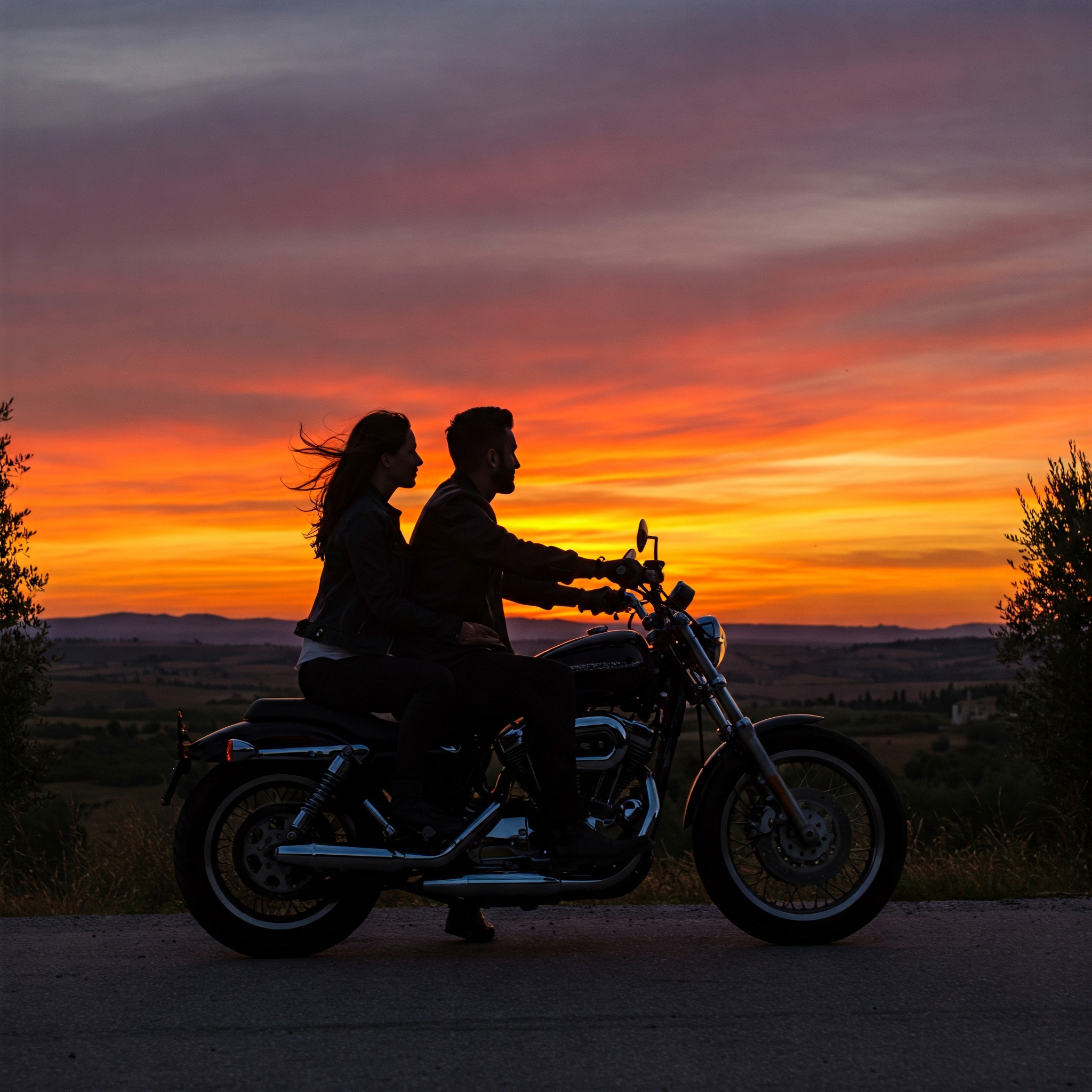 Eva e Karel in moto al tramonto